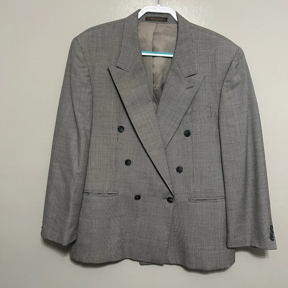Peerless Man Blazer Mens 42 Short Gray Houndstooth Double Breasted Peak Lapel